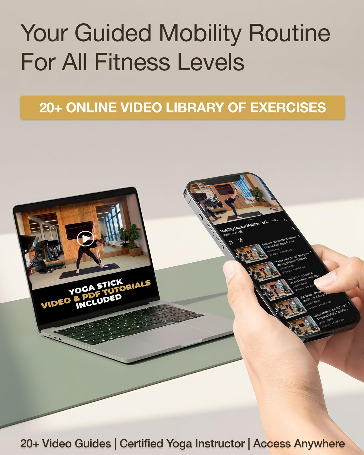 5ft Bamboo Yoga Stick Video Guides - Natural Bamboo